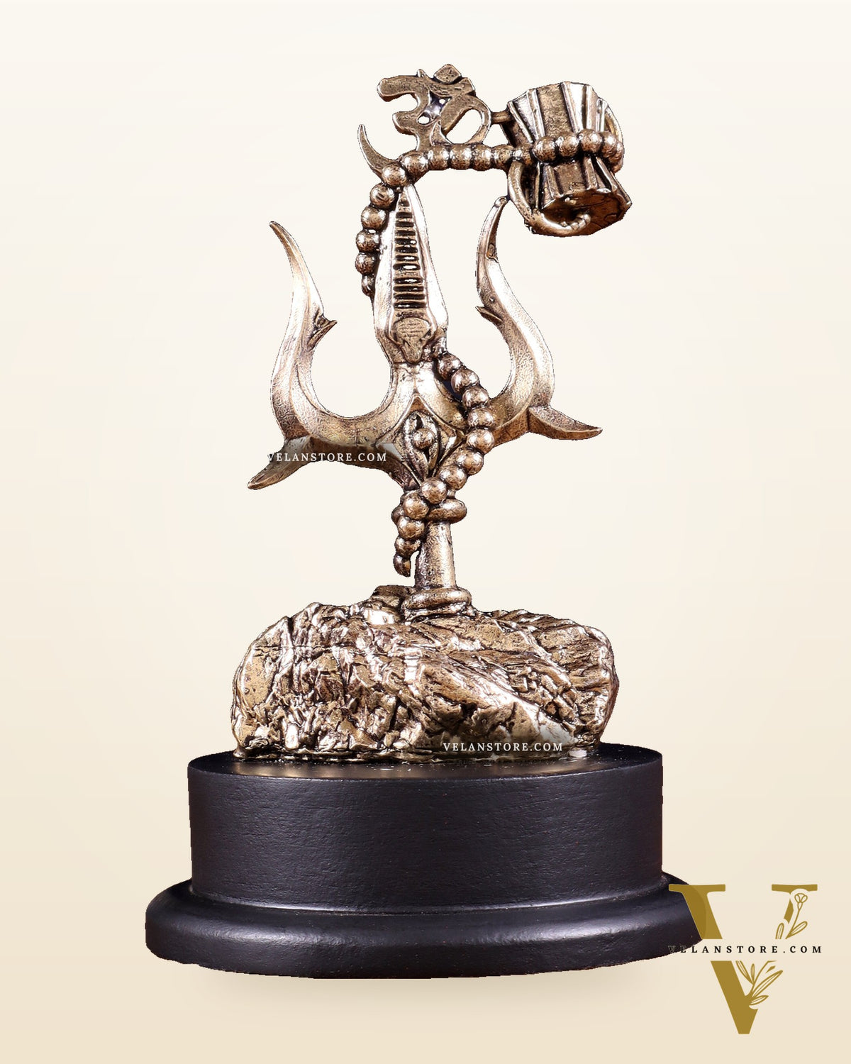 Brass Superfine Lord Shiva Trishul with Damru & Rudraksha Mala on MDF Base – 5 Inch