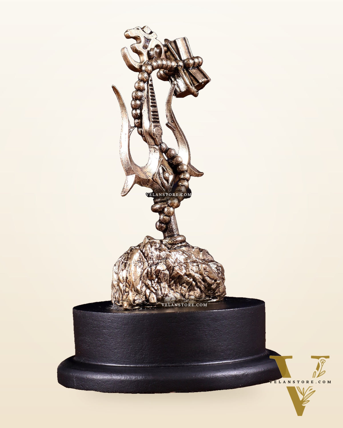Brass Superfine Lord Shiva Trishul with Damru & Rudraksha Mala on MDF Base – 5 Inch