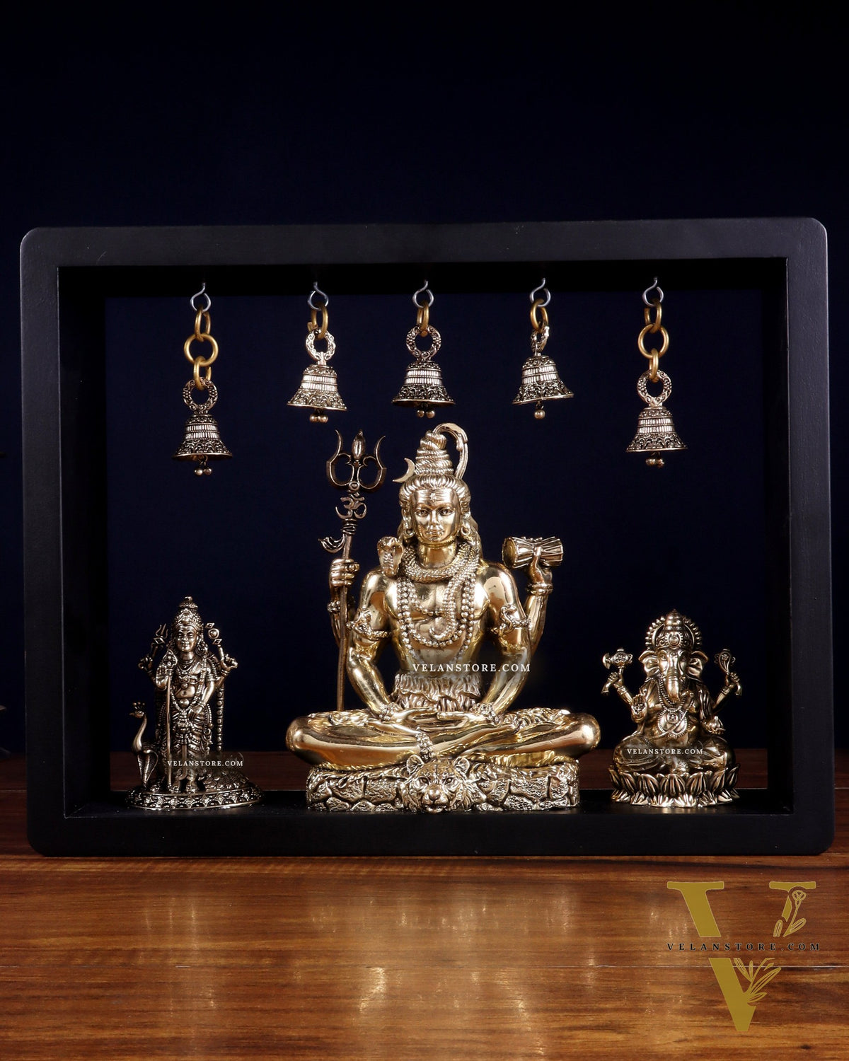 Brass Superfine Lord Shiva with Kartikeya and Ganesha Idol on MDF Frame – An Epitome of Father & Son Bond (11 Inch)