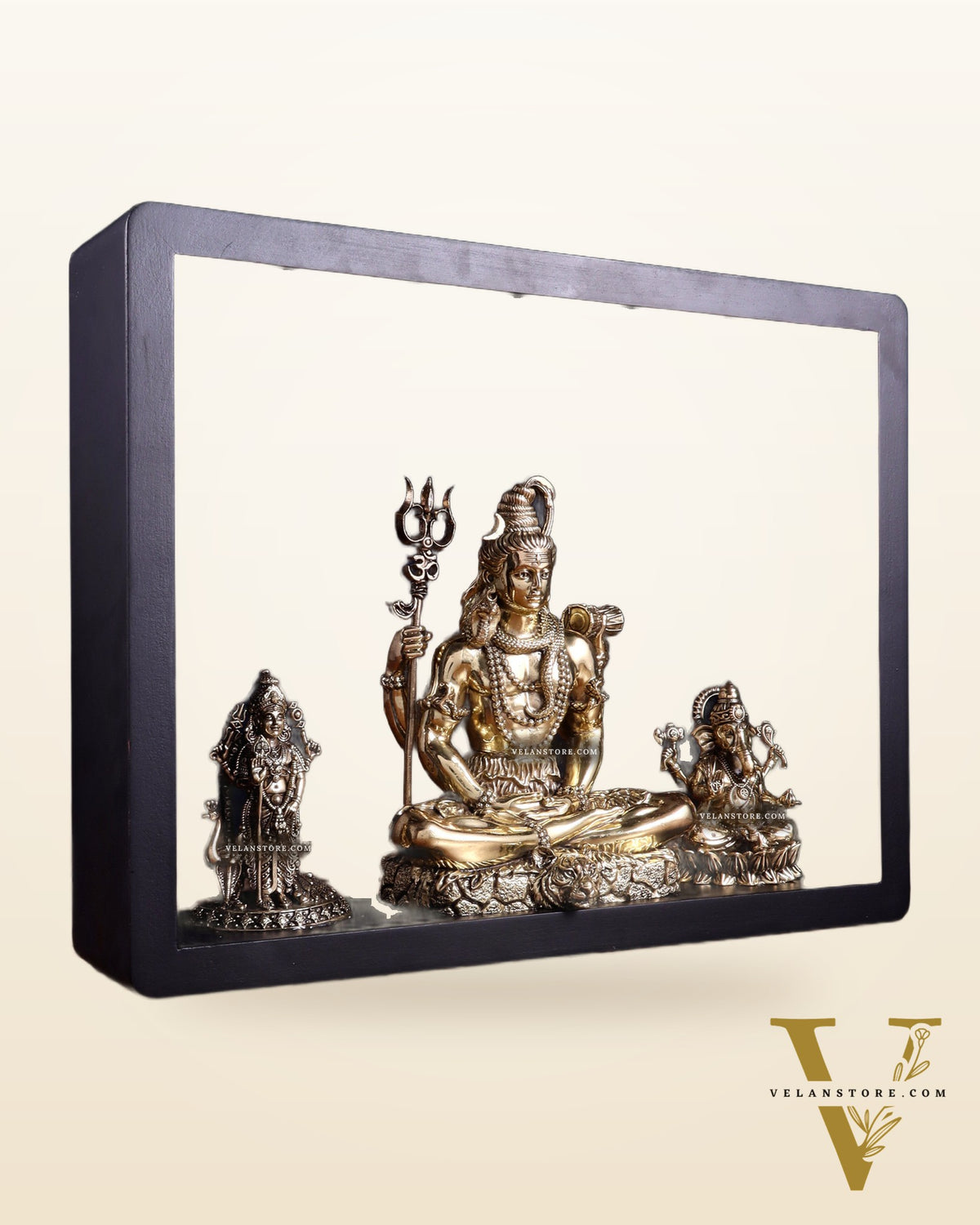 Brass Superfine Lord Shiva with Kartikeya and Ganesha Idol on MDF Frame – An Epitome of Father & Son Bond (11 Inch)