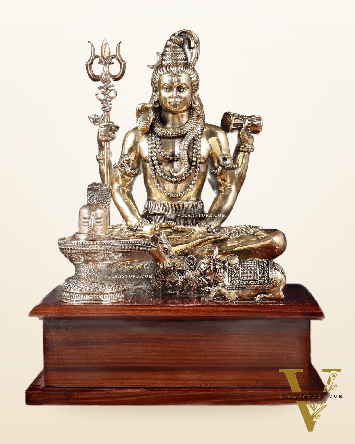 Brass Superfine Lord Shiva with Nandi and Shivling on Wooden Base – 8.5 Inch