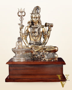 Brass Superfine Lord Shiva with Nandi and Shivling on Wooden Base – 8.5 Inch