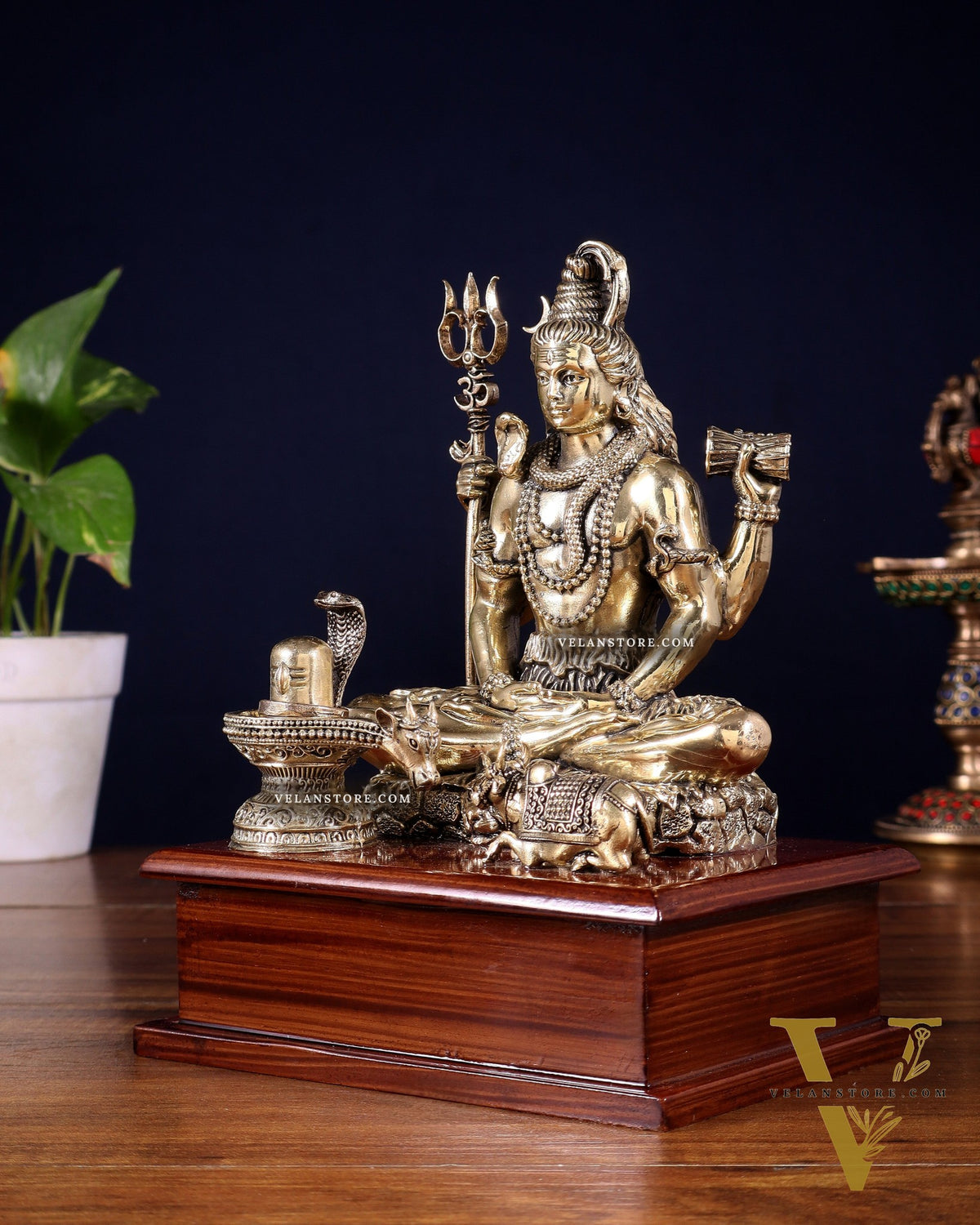 Brass Superfine Lord Shiva with Nandi and Shivling on Wooden Base – 8.5 Inch