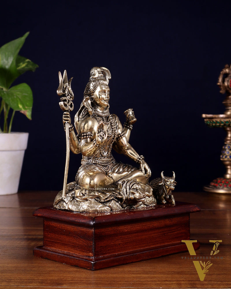 Brass Superfine Lord Shiva with Nandi on Wooden Base – 6.5 Inch