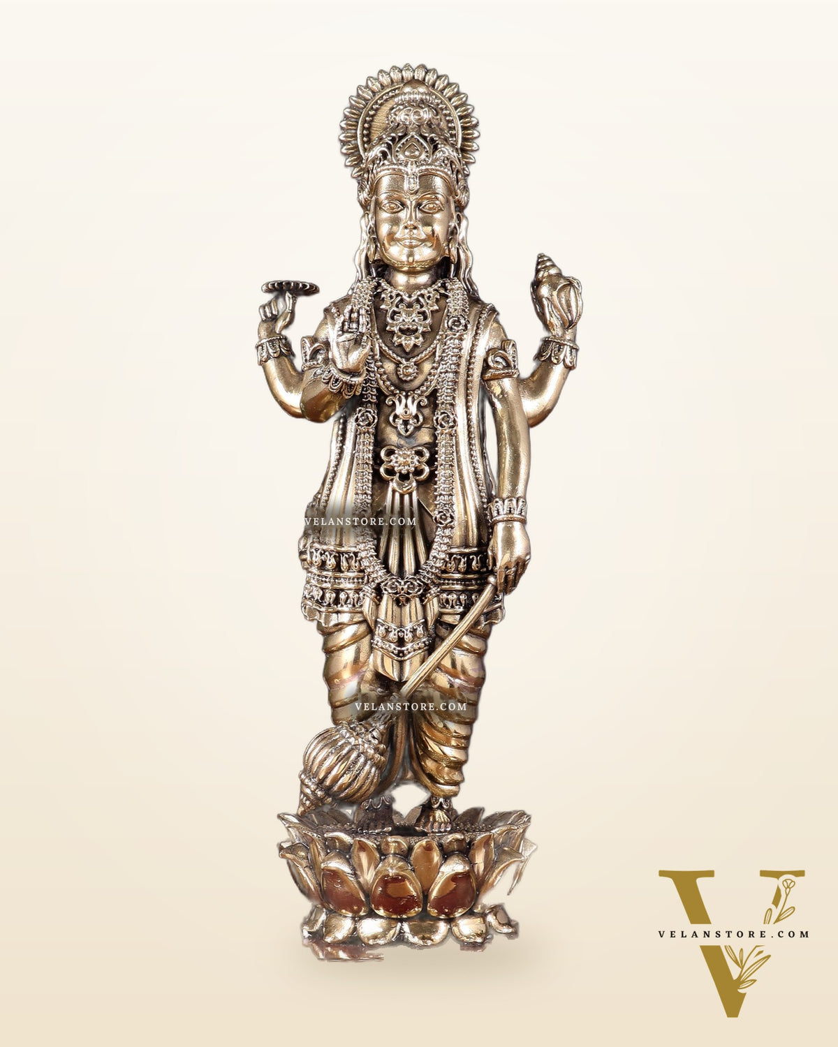 Brass Superfine Lord Vishnu Standing on Wooden Base with Diyas – 13 Inch