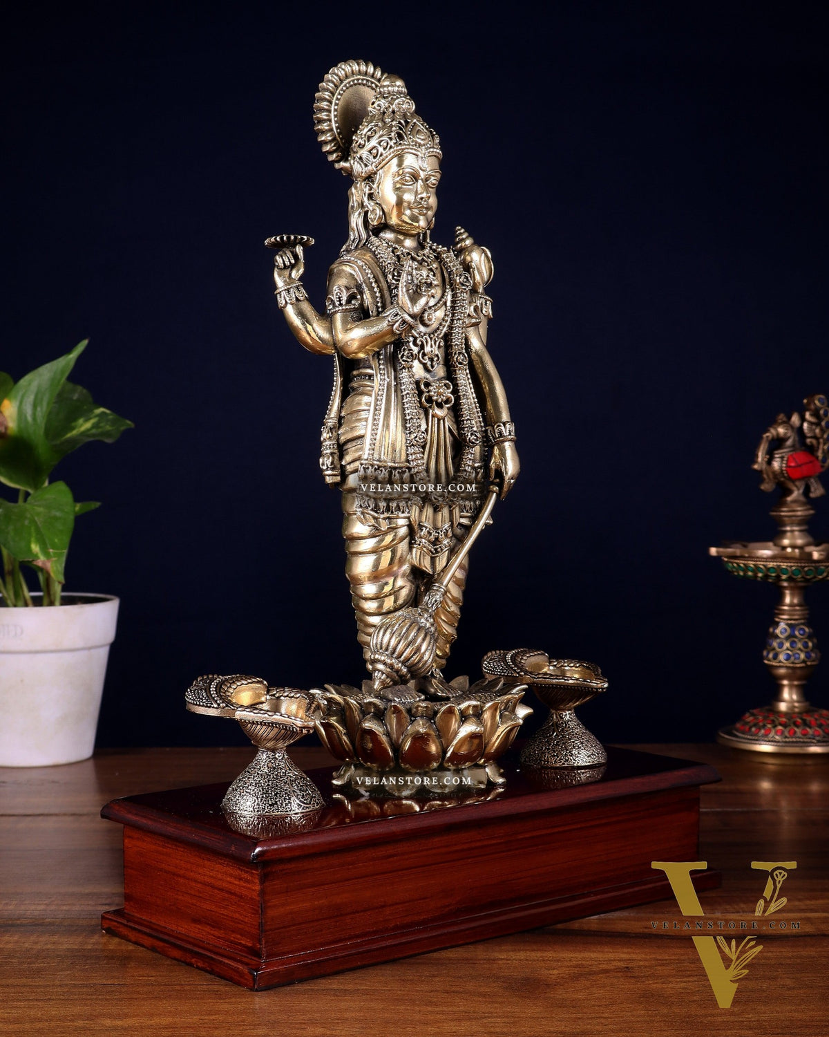 Brass Superfine Lord Vishnu Standing on Wooden Base with Diyas – 13 Inch
