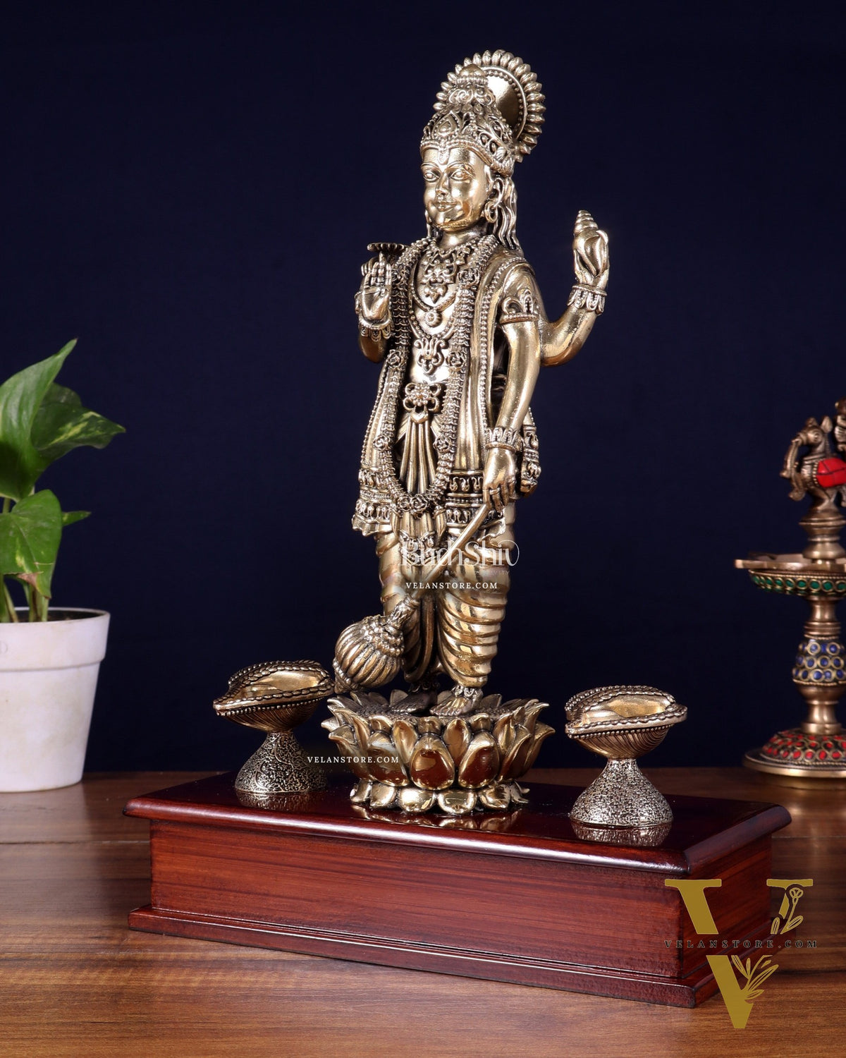 Brass Superfine Lord Vishnu Standing on Wooden Base with Diyas – 13 Inch