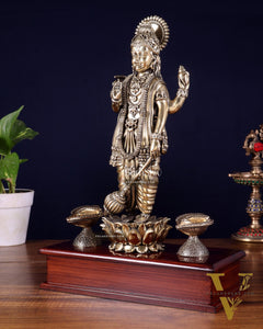 Brass Superfine Lord Vishnu Standing on Wooden Base with Diyas – 13 Inch
