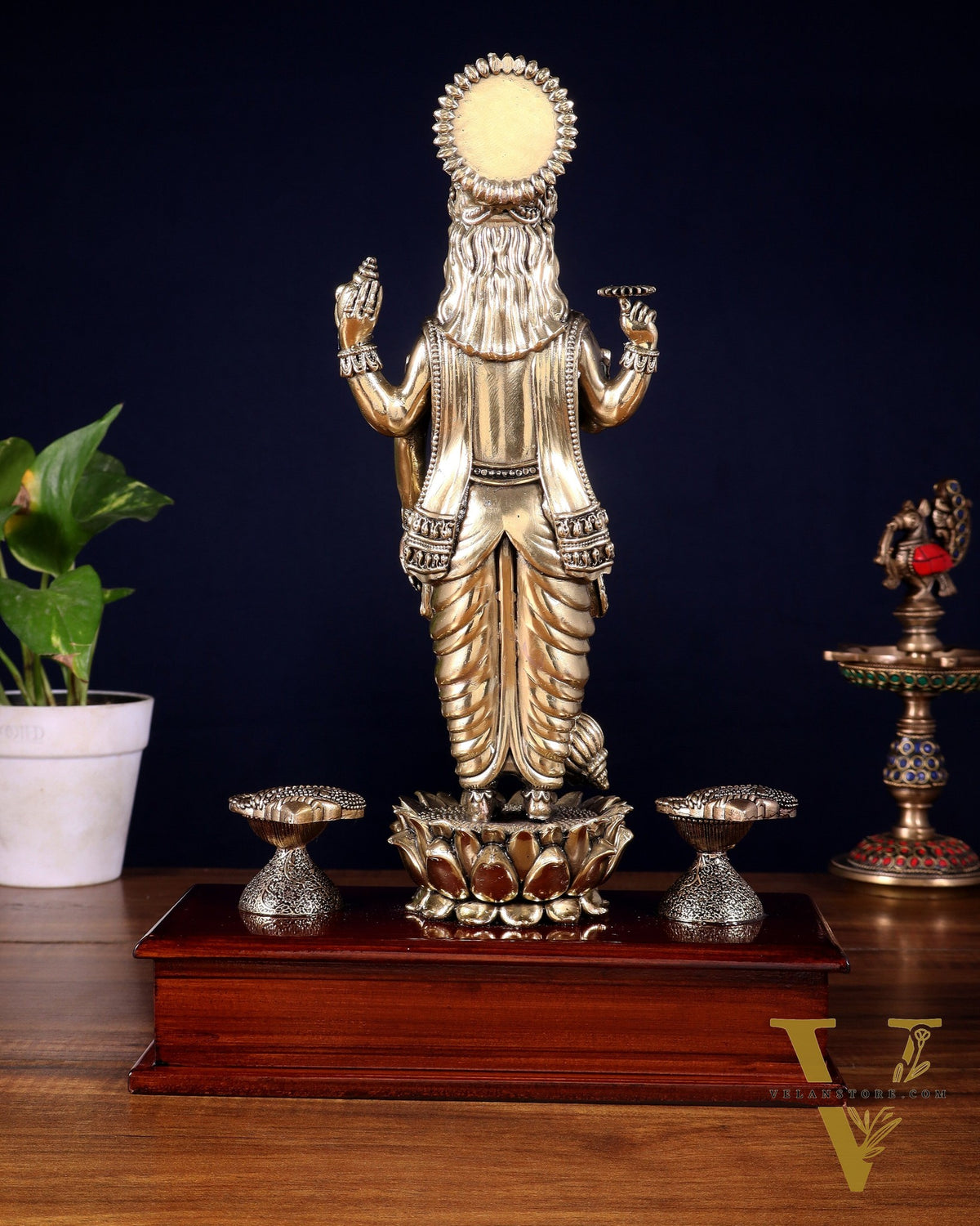 Brass Superfine Lord Vishnu Standing on Wooden Base with Diyas – 13 Inch