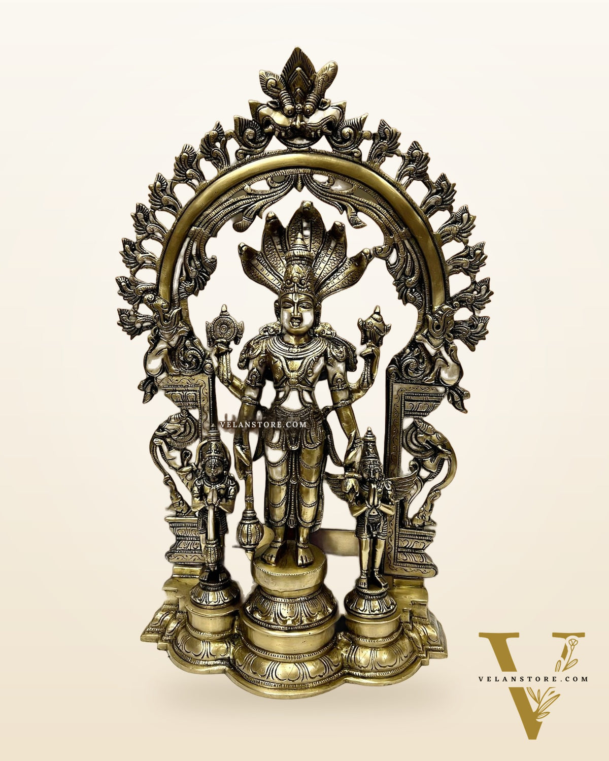 Brass Superfine Lord Vishnu with Garuda and Hanuman Idol - 24" with Thiruvarchi.