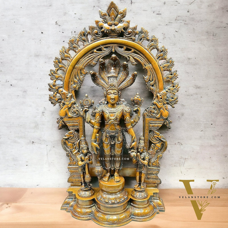 Brass Superfine Lord Vishnu with Garuda and Hanuman Idol - 24" with Thiruvarchi.