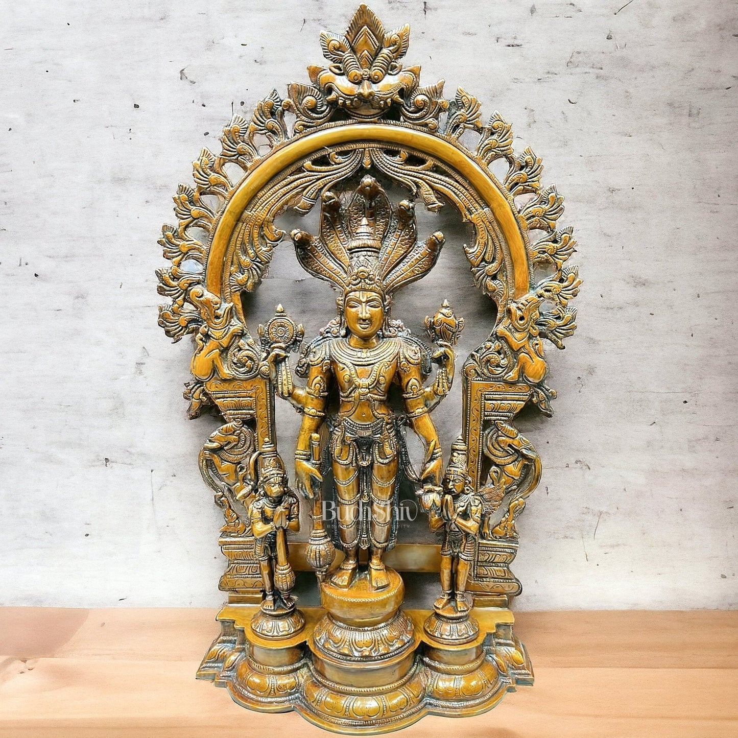 Brass Superfine Lord Vishnu with Garuda and Hanuman Idol - 24" with Thiruvarchi.
