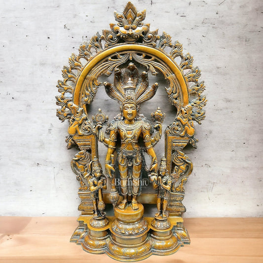 Brass Superfine Lord Vishnu with Garuda and Hanuman Idol - 24" with Thiruvarchi.