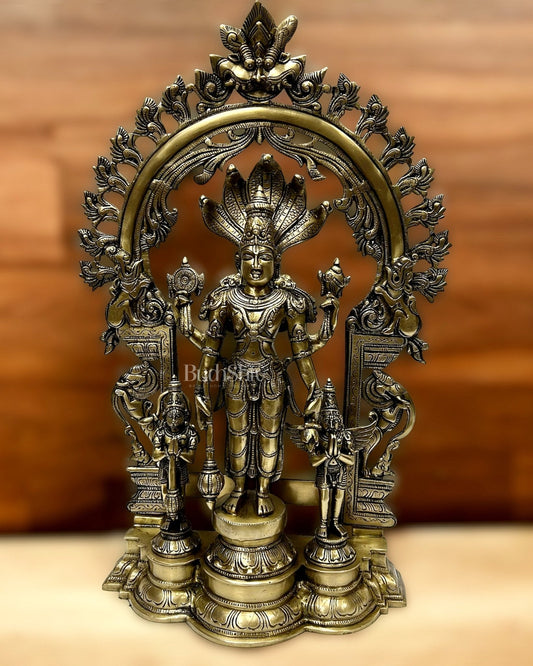 Brass Superfine Lord Vishnu with Garuda and Hanuman Idol - 24" with Thiruvarchi.