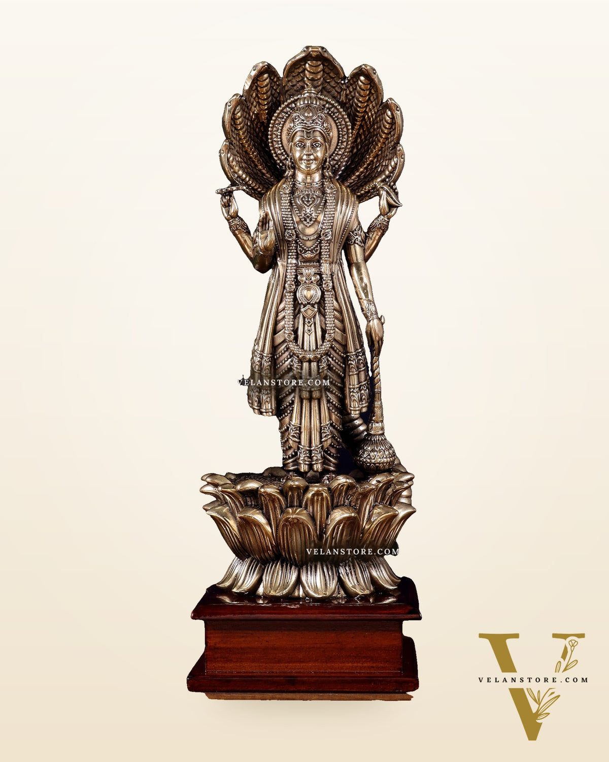 Brass Superfine Lord Vishnu with Sheshanaag on Wooden Base – 12.5 Inch