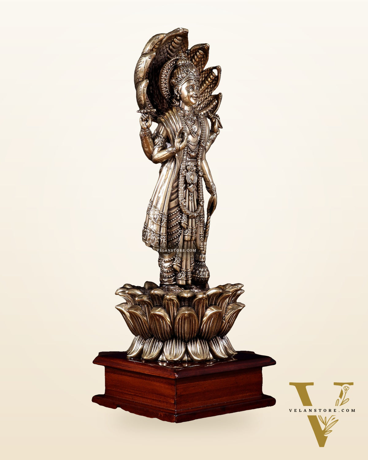Brass Superfine Lord Vishnu with Sheshanaag on Wooden Base – 12.5 Inch