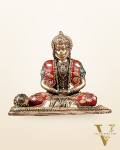 Brass Superfine Meditation Hanuman Idol - meenakari Stonework - 4" Tall
