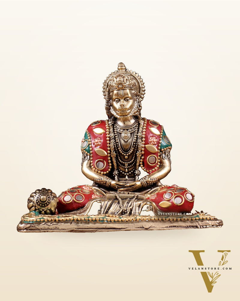 Brass Superfine Meditation Hanuman Idol - meenakari Stonework - 4" Tall