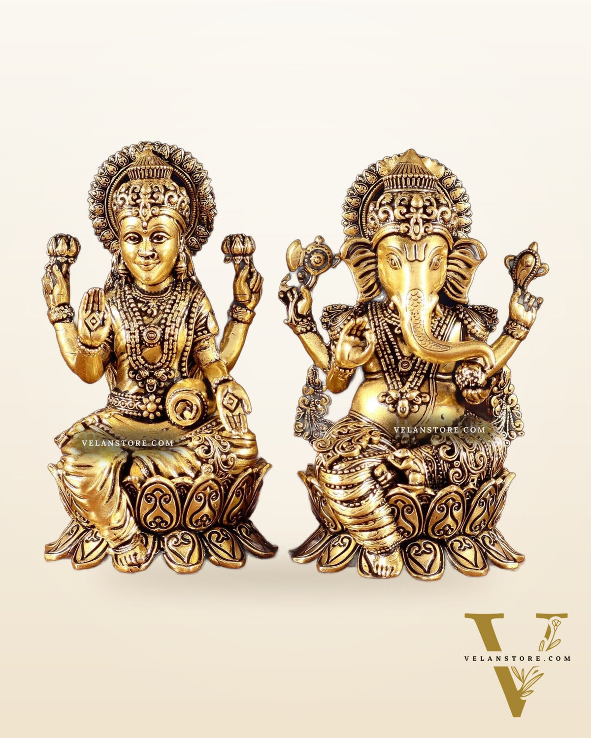Brass Superfine Miniature Ganesha Lakshmi Duo Lightweight Idols - 4.5" golden tone