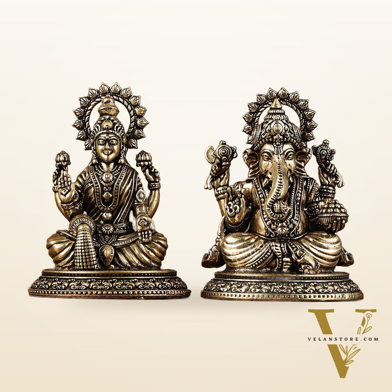 Brass Superfine Miniature Ganesha Lakshmi Duo Lightweight Idols - 3.5" |