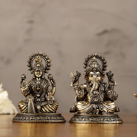 Brass Superfine Miniature Ganesha Lakshmi Duo Lightweight Idols - 3.5" |