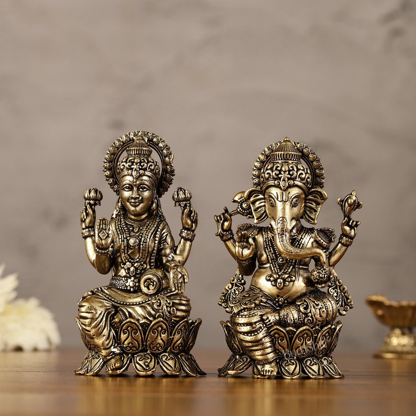 Brass Superfine Miniature Ganesha Lakshmi Duo Lightweight Idols - 4.5"