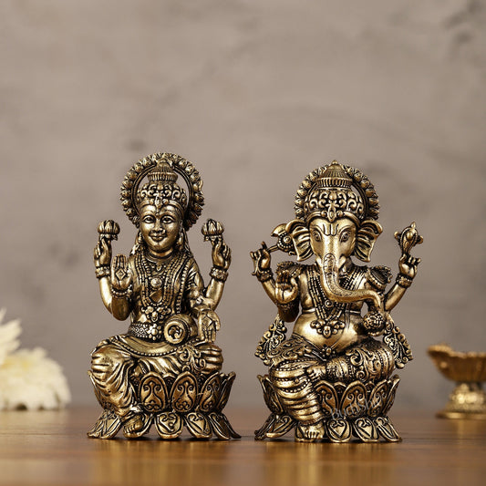 Brass Superfine Miniature Ganesha Lakshmi Duo Lightweight Idols - 4.5"