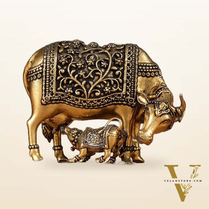 Brass Superfine Miniature Kamdhenu Cow with Calf - 2.5"