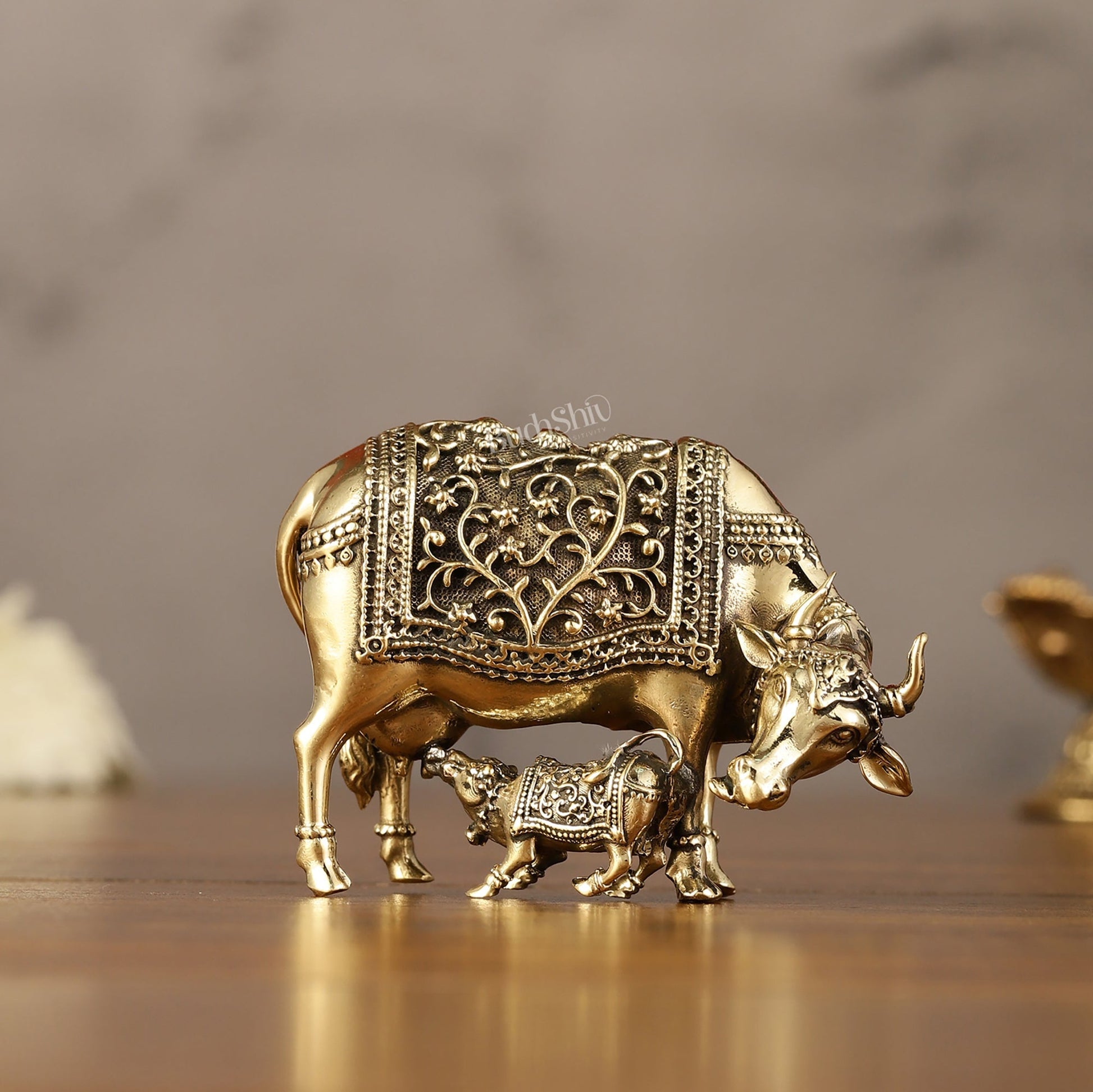 Brass Superfine Miniature Kamdhenu Cow with Calf - 4.5"