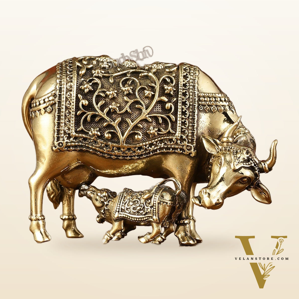 Brass Superfine Miniature Kamdhenu Cow with Calf - 4.5"