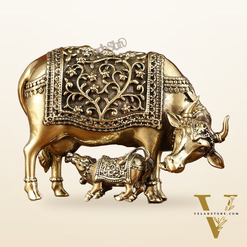 Brass Superfine Miniature Kamdhenu Cow with Calf - 4.5"