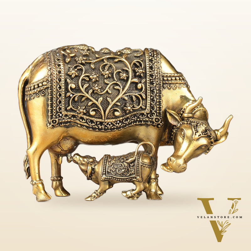 Brass Superfine Miniature Kamdhenu Cow with Calf - 5.5"