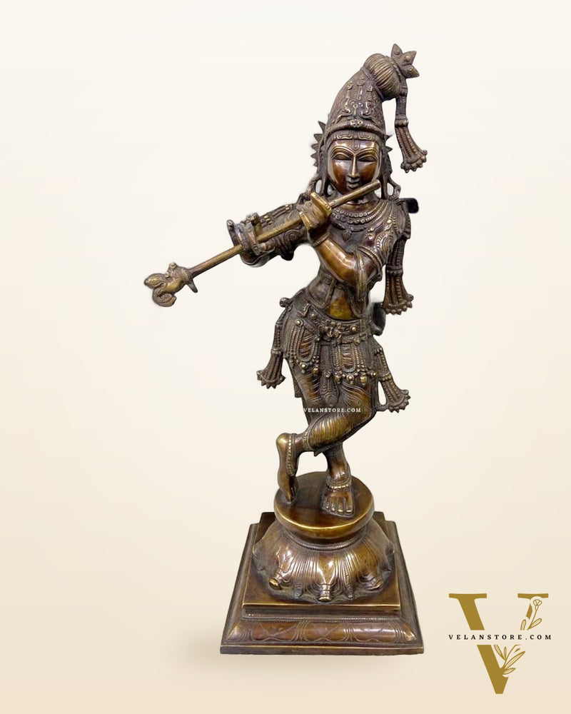 Brass Superfine Mukuta Krishna Sculpture with Unique Crown & Stance - 23.5"