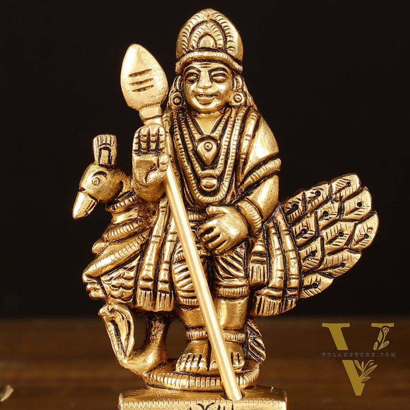 Brass Superfine Murugan Sitting on Peacock Idol - 3.2" Divine Sculpture