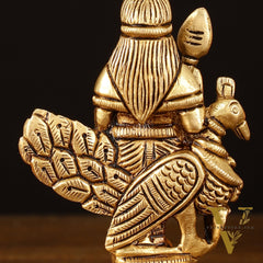 Brass Superfine Murugan Sitting on Peacock Idol - 3.2" Divine Sculpture
