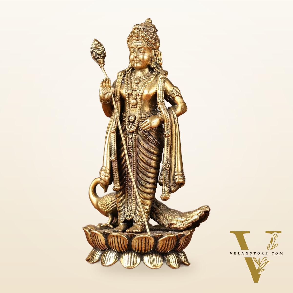 Brass Superfine Murugan Swamy Kartikeya with Peacock Idol | 6.5"