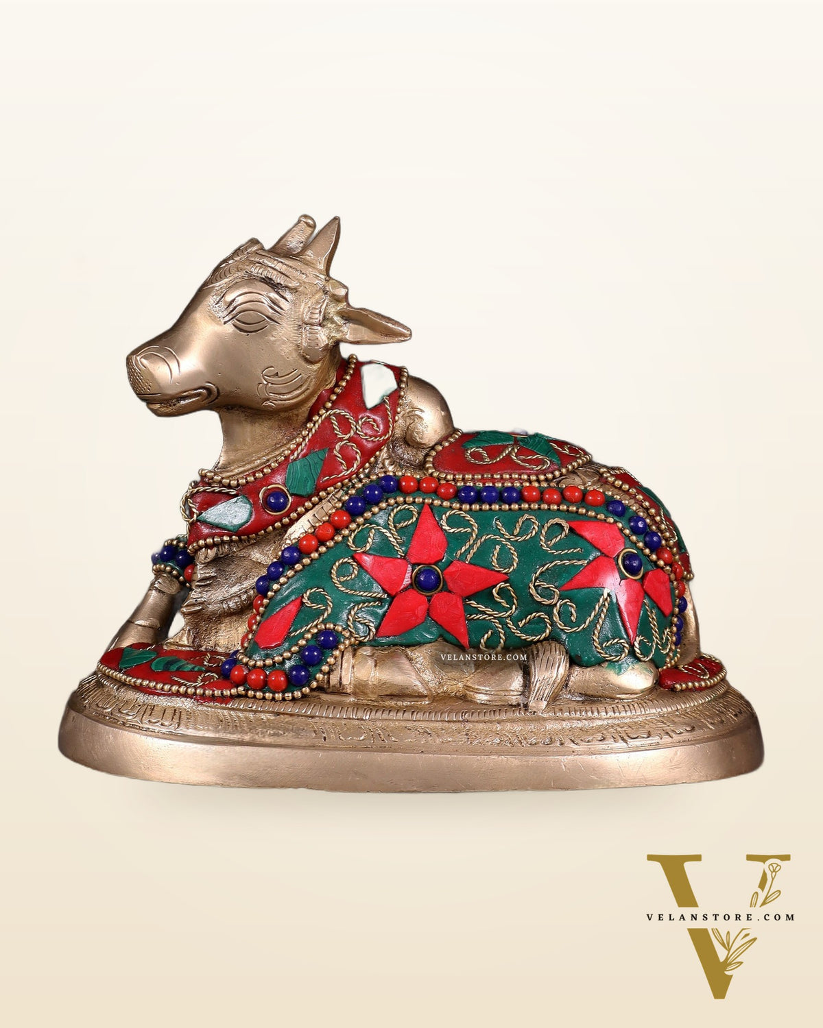 Brass Superfine Nandi Bull Idol | 5.5" floral stonework