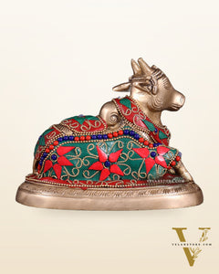 Brass Superfine Nandi Bull Idol | 5.5" floral stonework