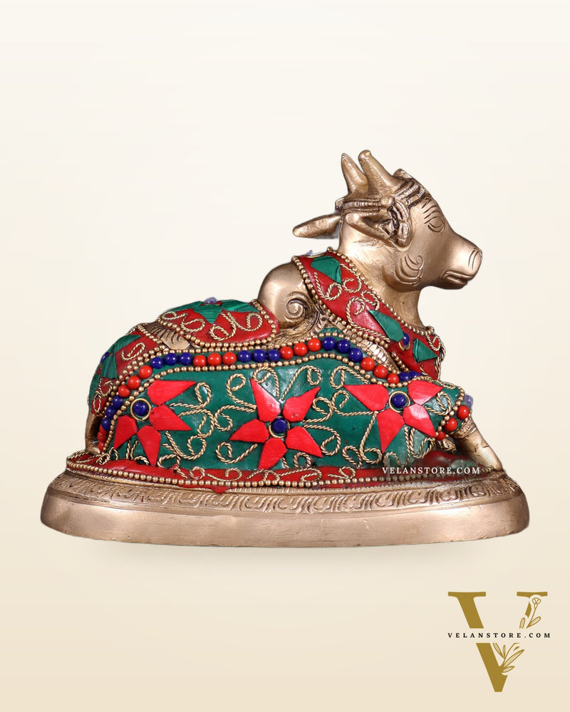 Brass Superfine Nandi Bull Idol | 5.5" floral stonework
