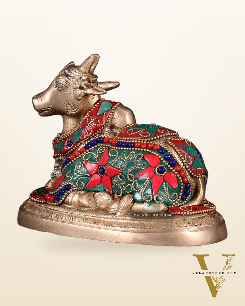 Brass Superfine Nandi Bull Idol | 5.5" floral stonework