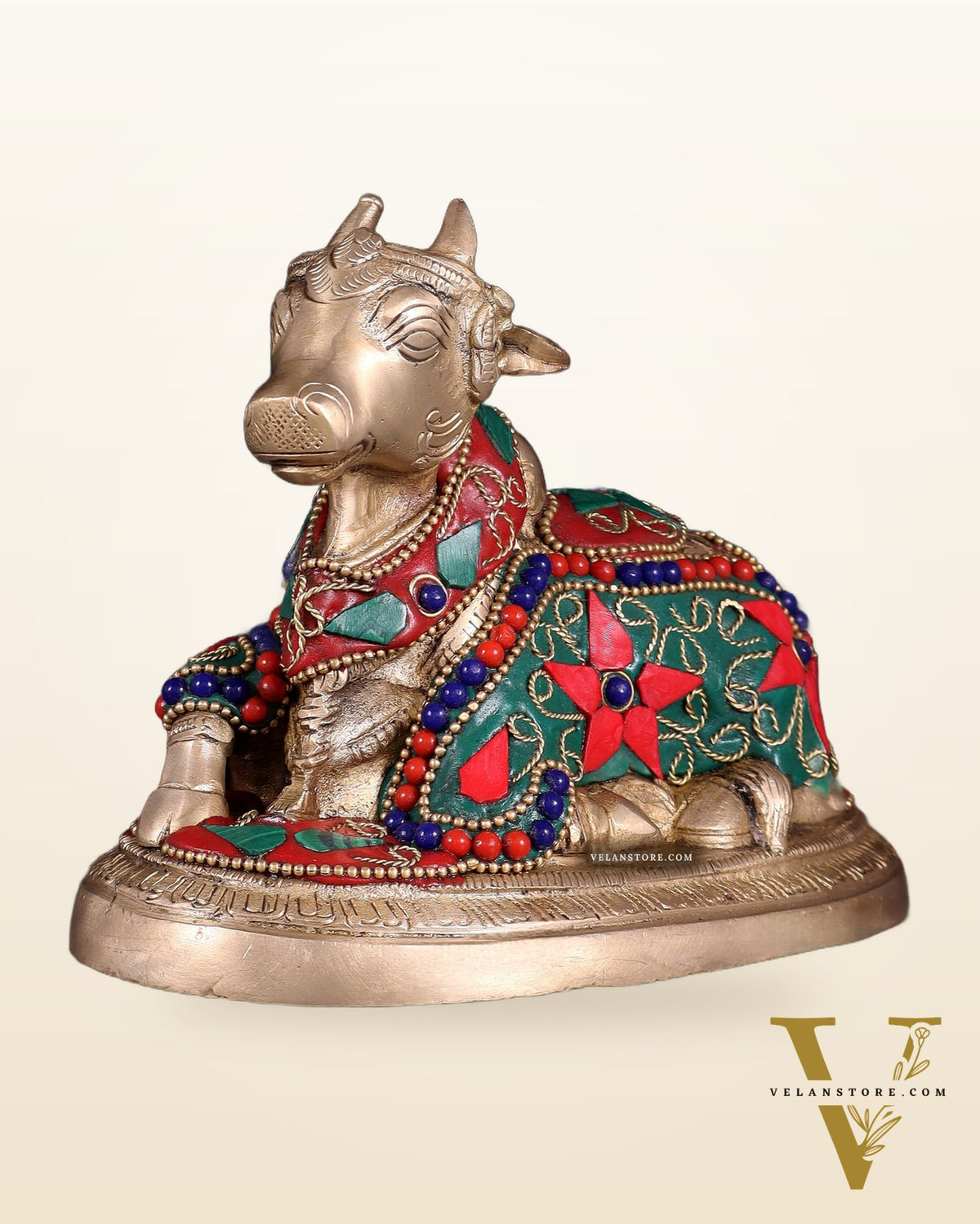 Brass Superfine Nandi Bull Idol | 5.5" floral stonework
