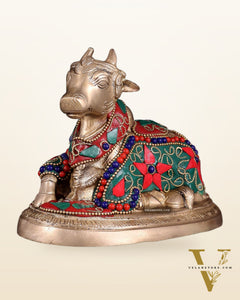 Brass Superfine Nandi Bull Idol | 5.5" floral stonework