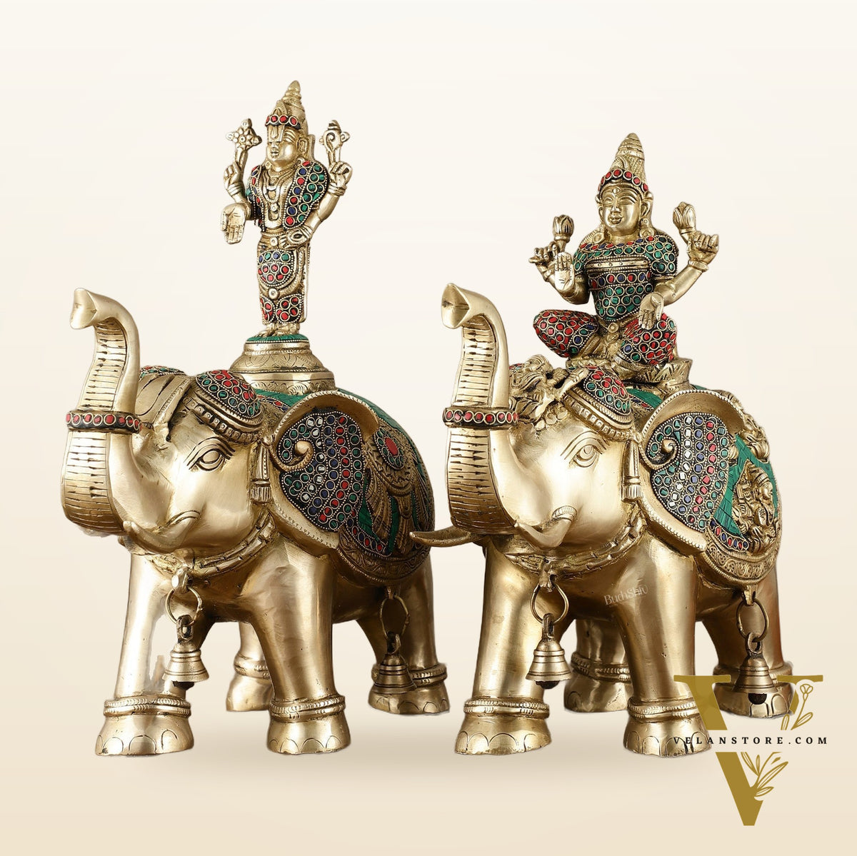 Brass Superfine Pair of Elephants with Goddess Lakshmi and Lord Tirupati Balaji Engravings - 15 Inch