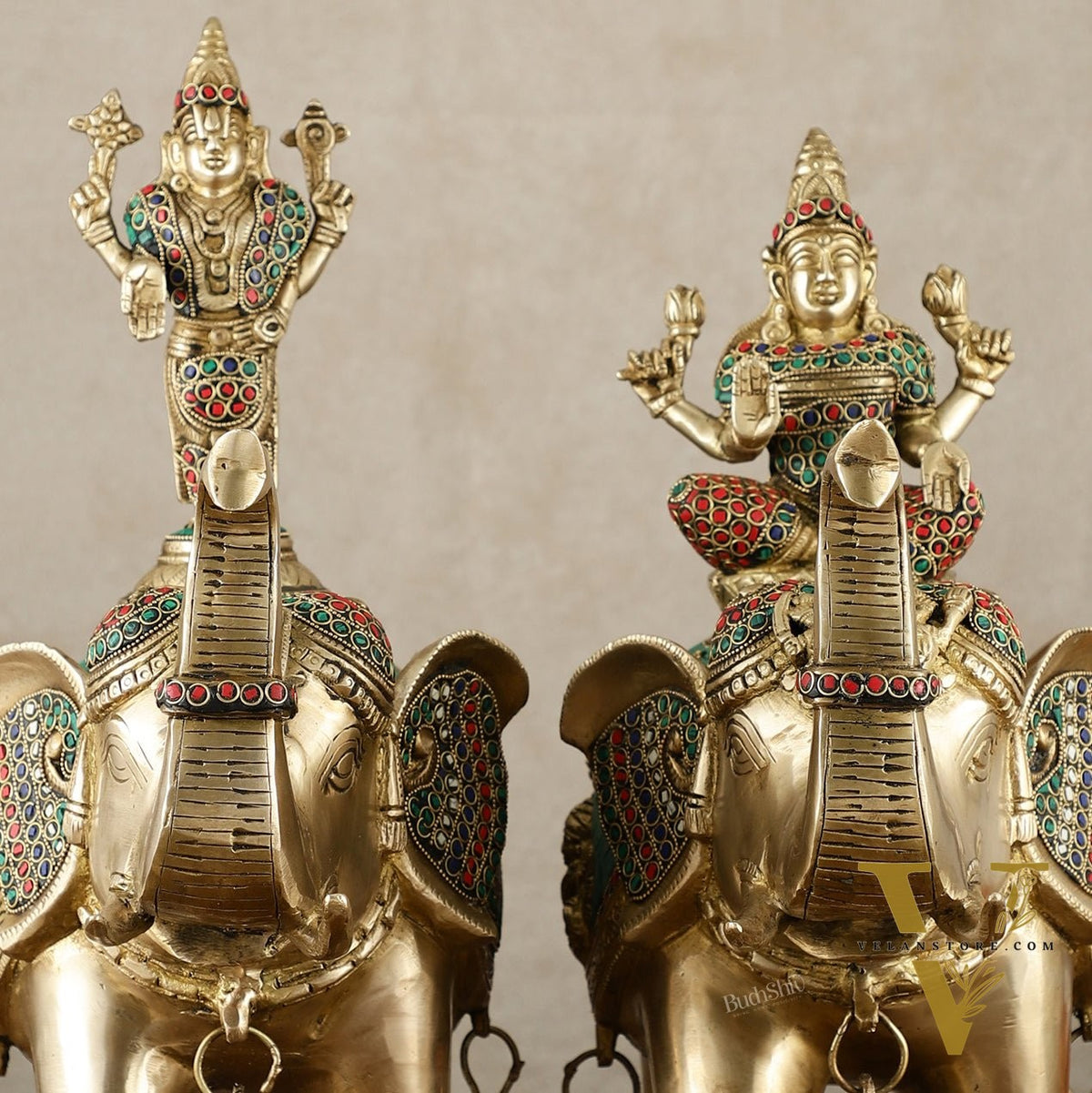 Brass Superfine Pair of Elephants with Goddess Lakshmi and Lord Tirupati Balaji Engravings - 15 Inch