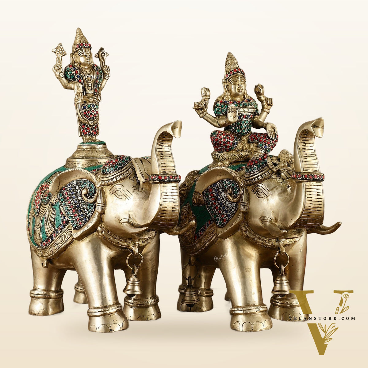 Brass Superfine Pair of Elephants with Goddess Lakshmi and Lord Tirupati Balaji Engravings - 15 Inch