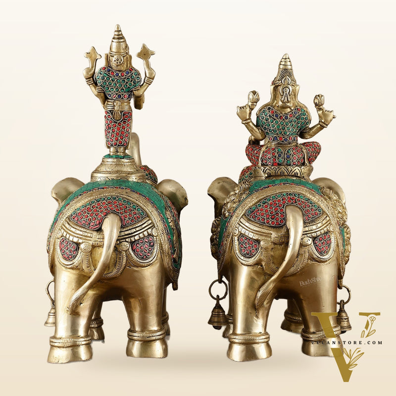 Brass Superfine Pair of Elephants with Goddess Lakshmi and Lord Tirupati Balaji Engravings - 15 Inch
