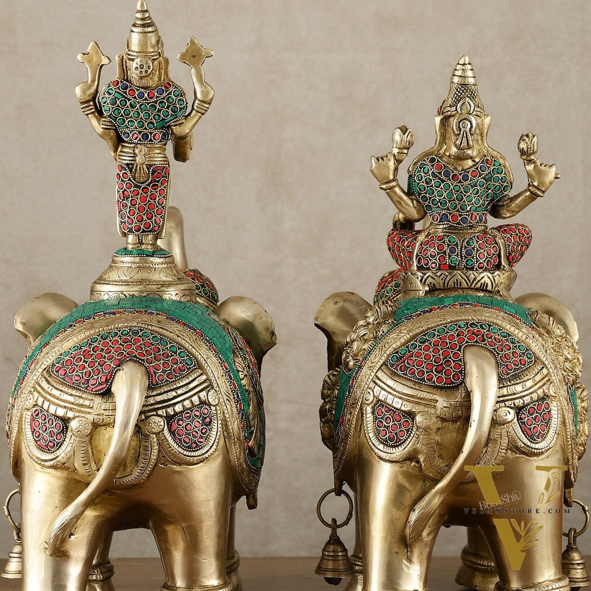 Brass Superfine Pair of Elephants with Goddess Lakshmi and Lord Tirupati Balaji Engravings - 15 Inch