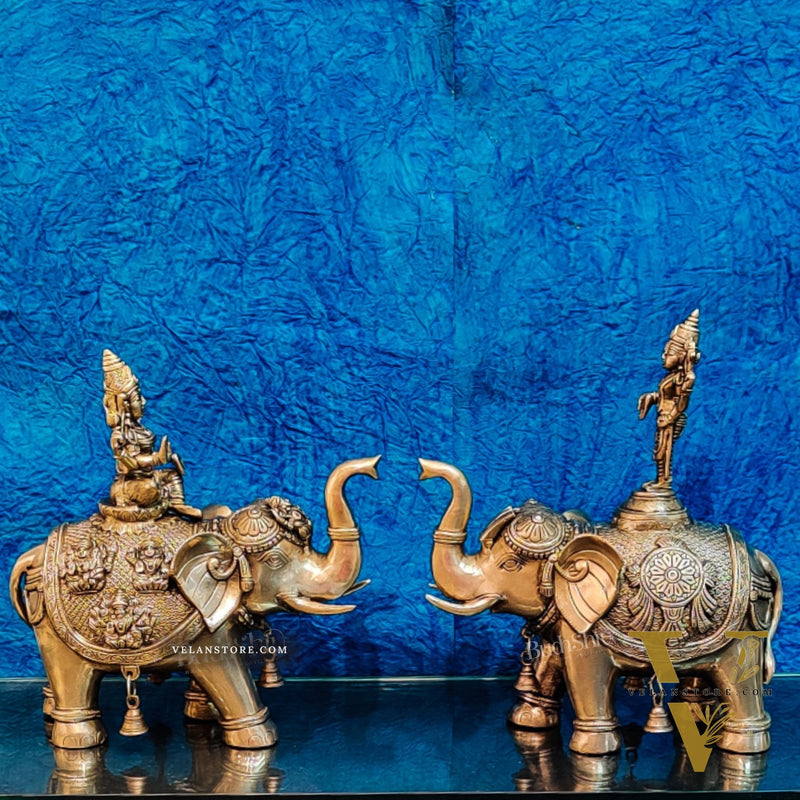 Brass Superfine Pair of Engraved Elephants with Goddess Lakshmi and Lord Tirupati Balaji | Auspicious Home Decor |