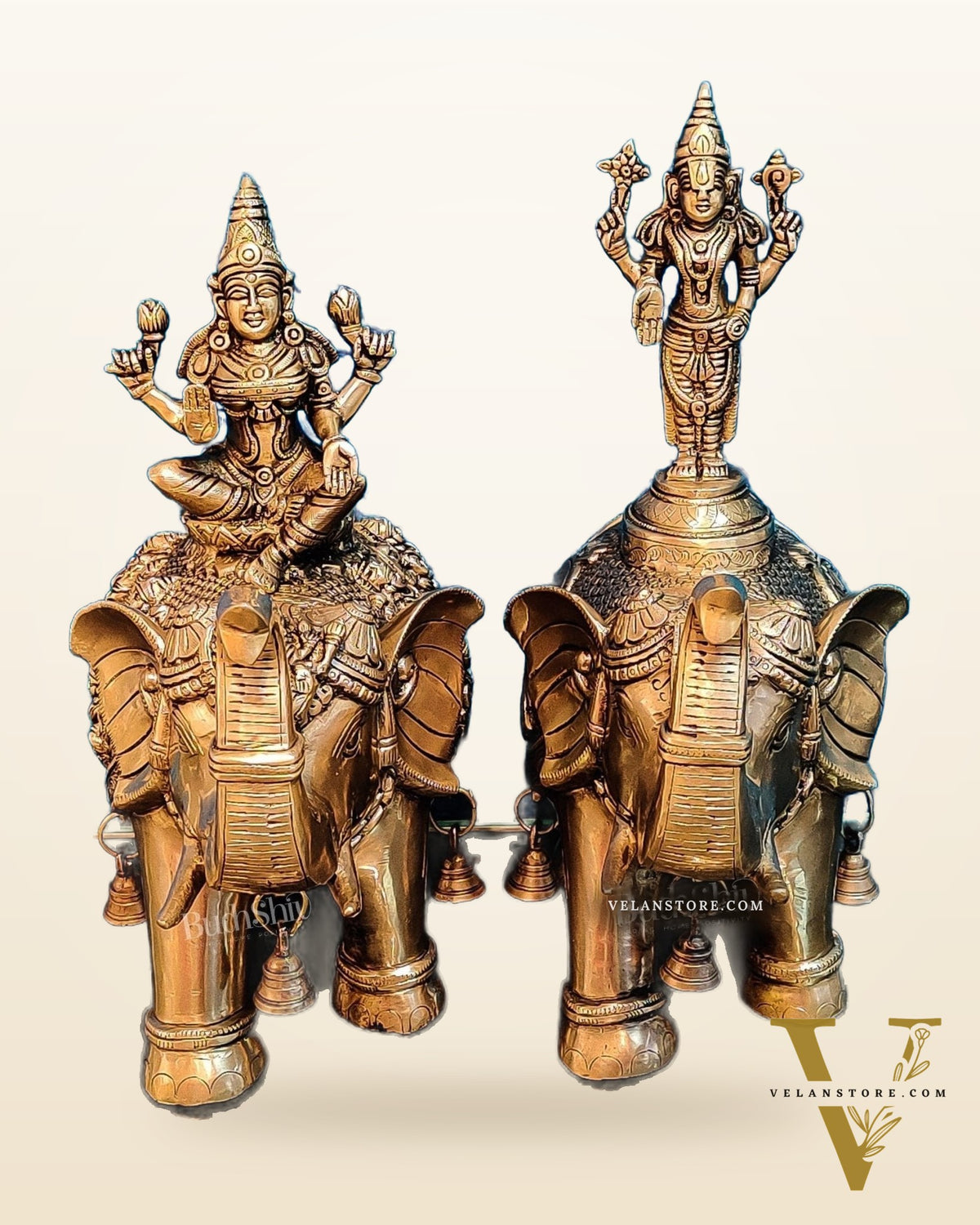 Brass Superfine Pair of Engraved Elephants with Goddess Lakshmi and Lord Tirupati Balaji | Auspicious Home Decor |