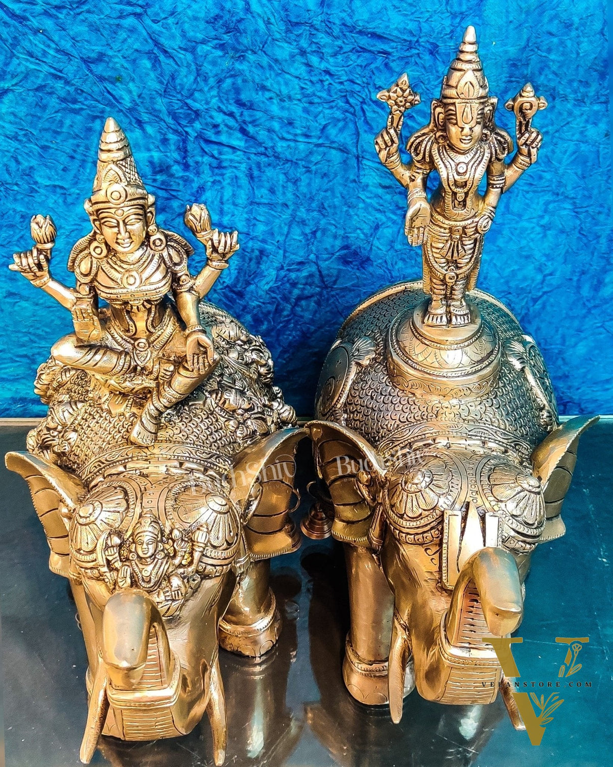 Brass Superfine Pair of Engraved Elephants with Goddess Lakshmi and Lord Tirupati Balaji | Auspicious Home Decor |